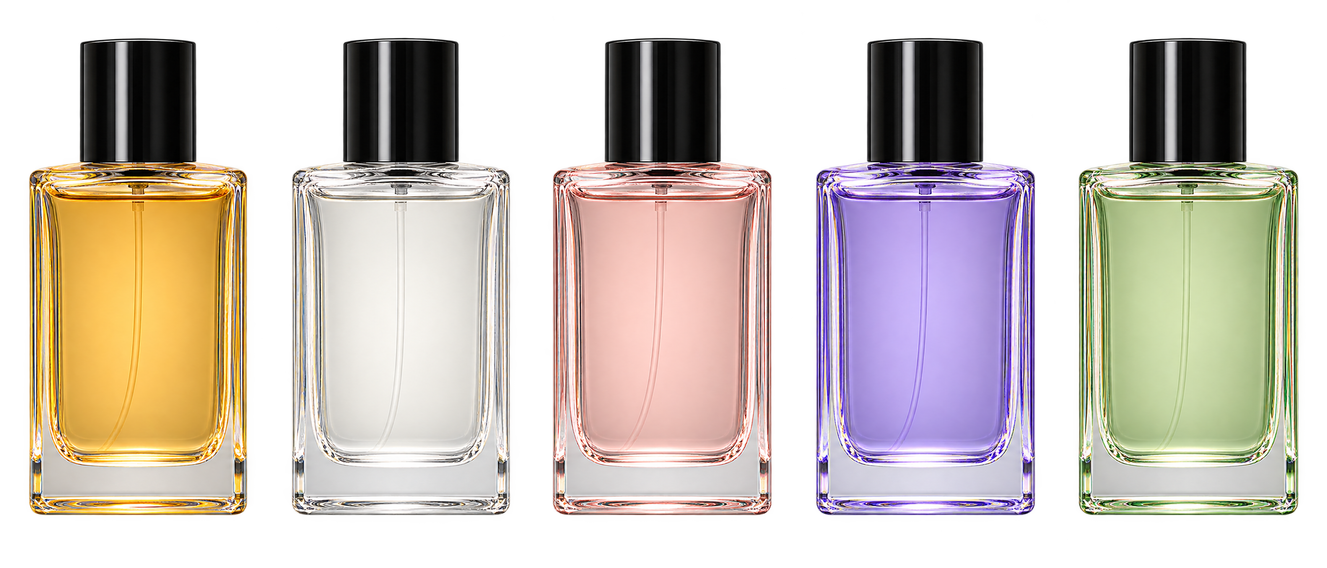 Five identical blank bottles in amber, clear, pale rose, violet and pale green order.