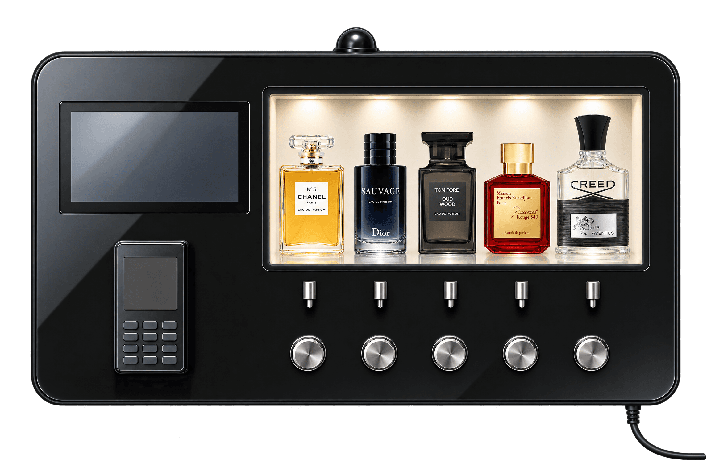 Illustrative wall-mounted SPRAY unit with five luxury bottles. Range unconfirmed.